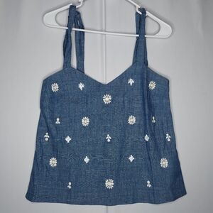 J Crew Tank Top 0 Women Tie Shoulder V-Neck Blue Cotton Chambray Beaded Sequin